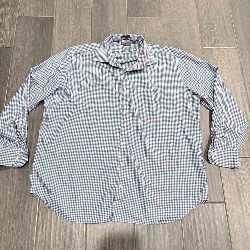 Peter Millar Men XXL Plaid Button Down Shirt Blue White 100% Cotton Long Sleeve